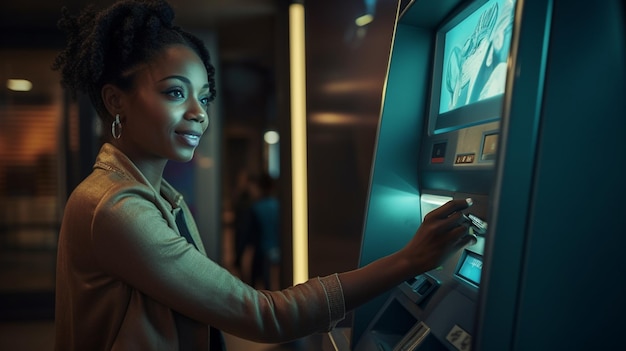 Photo une femme avec un smartphone dans la main d'un guichet automatique