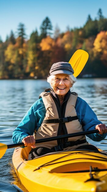 Photo une femme d'une soixantaine d'années kayak sur un lac entouré d'une belle nature