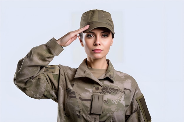 Une femme soldat saluant sur un fond blanc