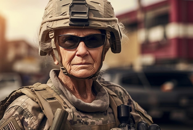 Femme soldat vétéran américain à l'extérieur avec frénésie