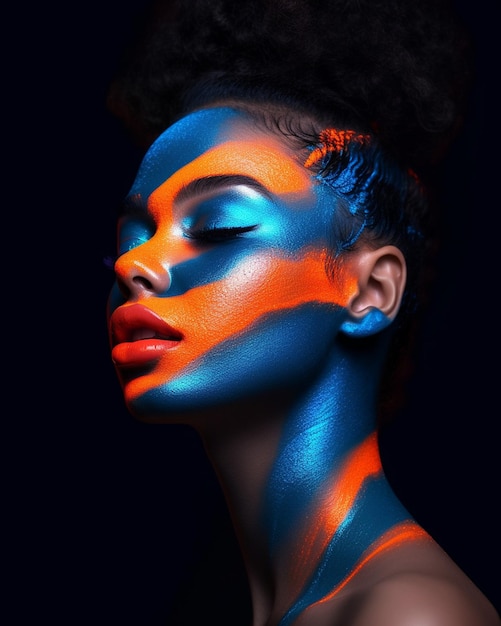 une femme avec le soleil peint sur le visage et le mot « bleu » sur le visage.