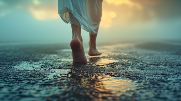 Une femme solitaire en chemise de nuit marchant pieds nus le long d'une route mouillée dans un matin brumeux. Vue de fond des jambes en gros plan.
