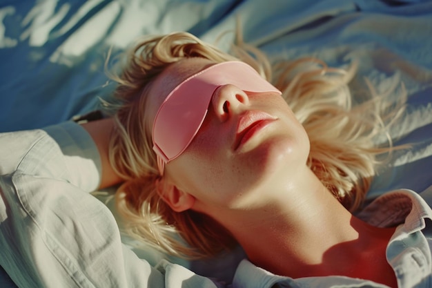 Femme de sommeil de beauté réparatrice dans les cheveux de masque pour les yeux étalés sur le lit