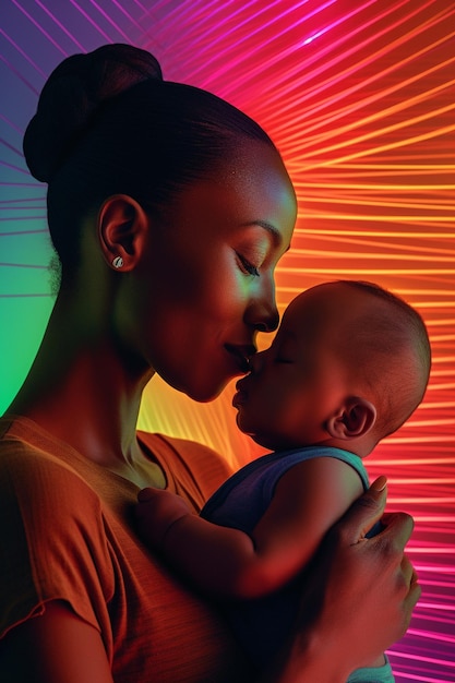 Une femme avec son bébé sur la tête embrassant sa tête.