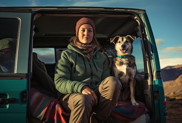 une femme et son chien assis hors de leur véhicule à moteur dans le style de panoramas montagneux