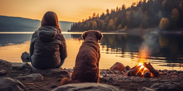 femme avec son chien assise sur le rivage d'un lac avec une vue arrière de feu IA générative