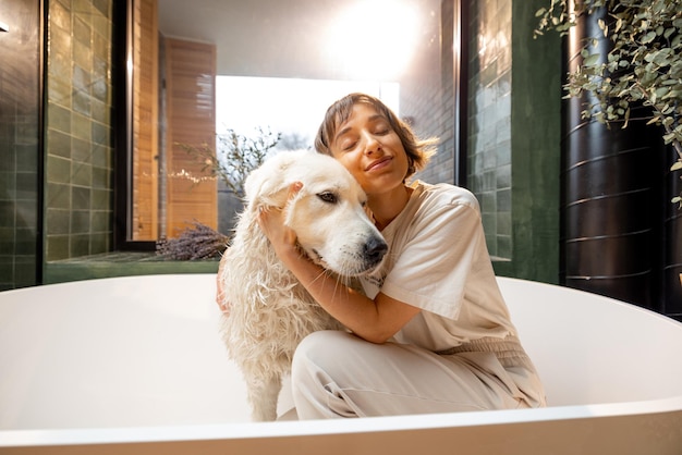 Femme avec son chien dans la baignoire