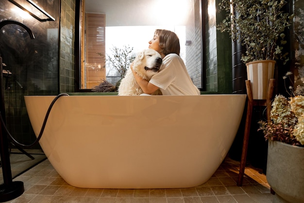 Femme avec son chien dans la baignoire