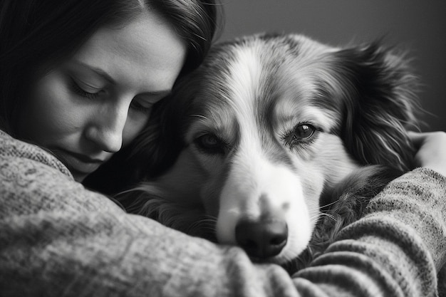 Photo une femme et son chien s'embrassent.