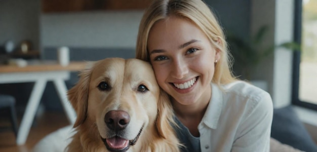 Photo une femme et son chien sourient à la caméra