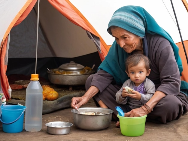 une femme et son enfant sont assis à l'extérieur d'une tente avec de la nourriture