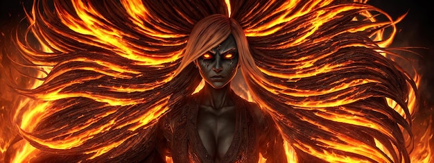 Femme sorcière avec des cheveux volants enflammés et des yeux de feu sur un fond sombre Illustration avec un démon maléfique sous une forme féminine avec une coiffure carbonisée brûlante AI générative
