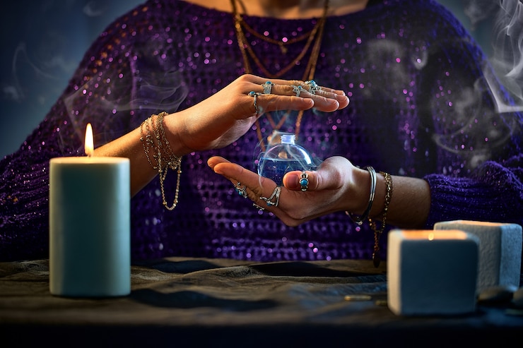Photo femme sorcière fantastique utilisant une bouteille de potion d'élixir magique enchanteur pour le sort d'amour et la sorcellerie. illustration magique et alchimie