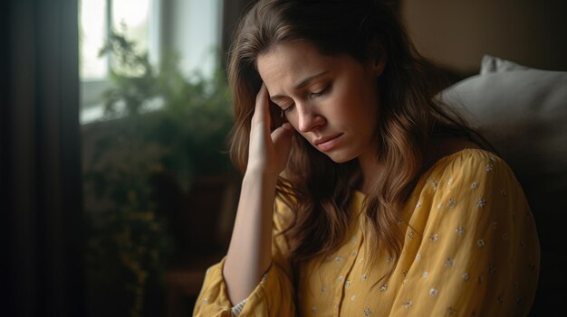 Femme souffrant de dépression assise sur le lit en pyjama