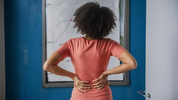 Photo femme souffrant de douleurs dans le dos blessé soins de santé et concept de douleur au dos