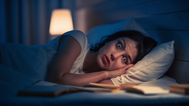 Une femme souffrant d'insomnie allongée au lit avec les yeux ouverts.