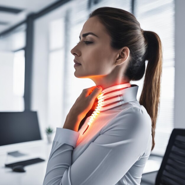 Photo femme souffrant de maux de dos au travail concept d'ergonomie et de santé