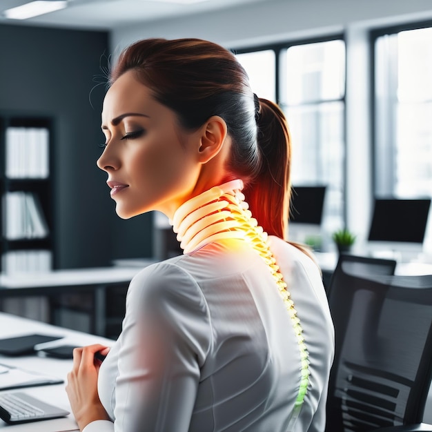 Femme souffrant de maux de dos au travail Concept d'ergonomie et de santé