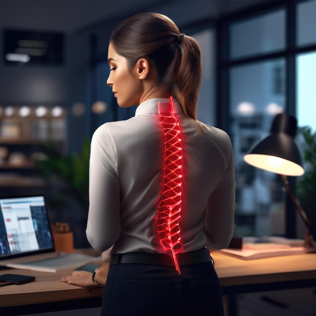 Femme souffrant de maux de dos au travail Concept d'ergonomie et de santé