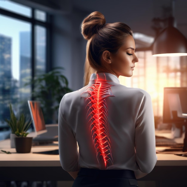 Femme souffrant de maux de dos au travail Concept d'ergonomie et de santé
