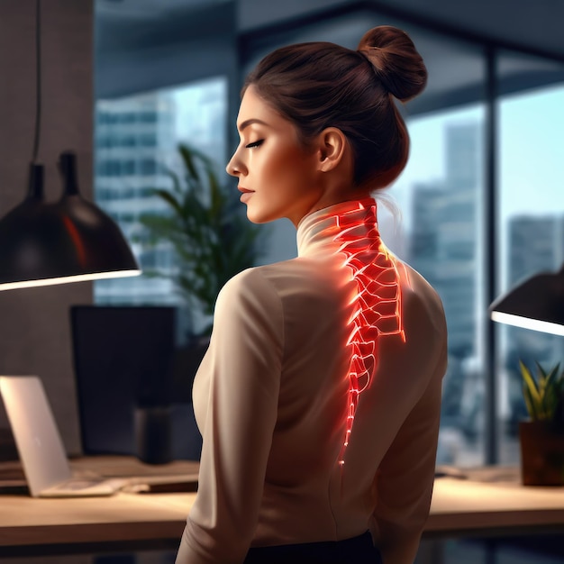 Photo femme souffrant de maux de dos au travail concept d'ergonomie et de santé