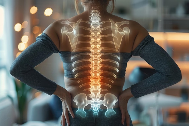 Photo femme souffrant de maux de dos à la maison en raison d'une hernie lombaire intervertébrale de la colonne vertébrale générative ai