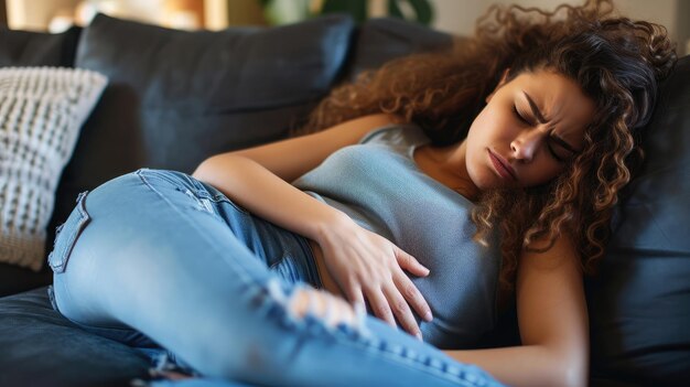 Femme souffrant de maux d'estomac, se penchant et tenant les mains sur le ventre, malaise dû aux crampes menstruelles