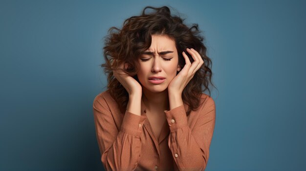 Une femme souffrant de maux de tête touche sa tête avec les mains sur fond bleu