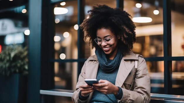 Une femme souriant pendant qu'elle envoie un texto au téléphone