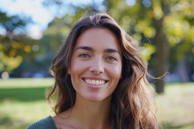 Une femme souriant avec un sourire parfait et des dents blanches dans un parc et regardant la caméra