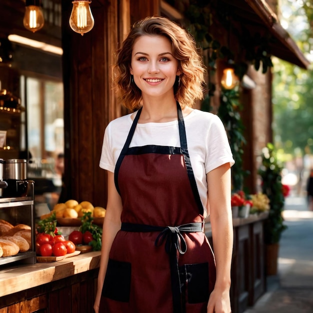 Une femme souriante accueille les clients à l'entrée du café.