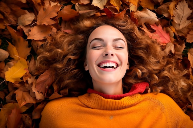 Femme souriante allongée sur les feuilles d'automne