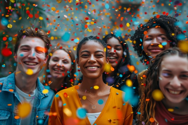 Une femme souriante avec des amis jetant des confettis lors d'un événement de célébration