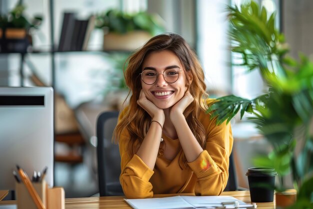 Une femme souriante assise à son bureau dans un bureau, une femme d'affaires heureuse assise dans un bureau.