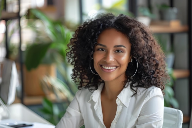 Une femme souriante assise à son bureau dans un bureau, une femme d'affaires heureuse assise dans un bureau.