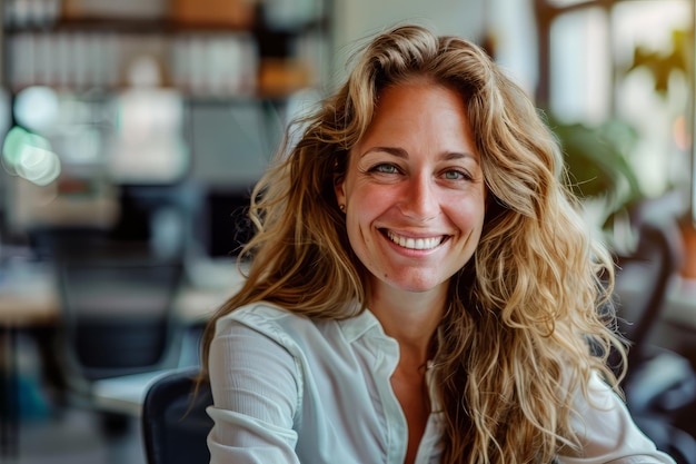 Une femme souriante assise à son bureau dans un bureau, une femme d'affaires heureuse assise dans un bureau.