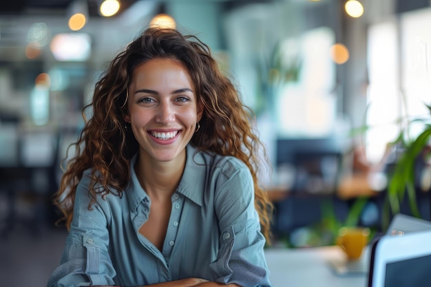 Une femme souriante assise à son bureau dans un bureau, une femme d'affaires heureuse assise dans un bureau.