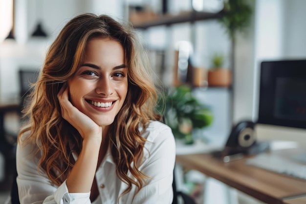 Une femme souriante assise à son bureau dans un bureau, une femme d'affaires heureuse assise dans un bureau.