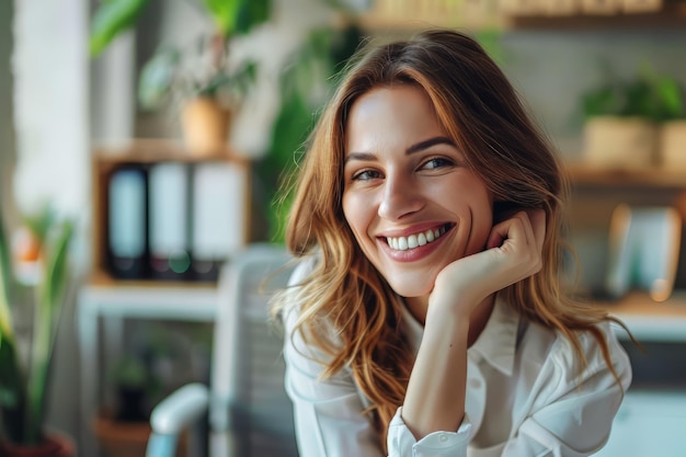 Une femme souriante assise à son bureau dans un bureau, une femme d'affaires heureuse assise dans un bureau.