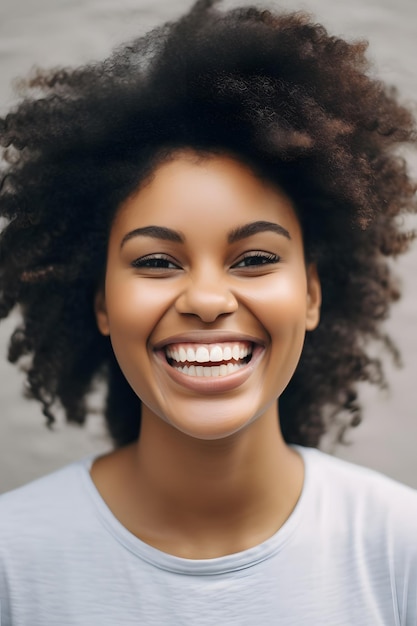 femme souriante aux cheveux afro et chemise bleue regardant la caméra IA générative