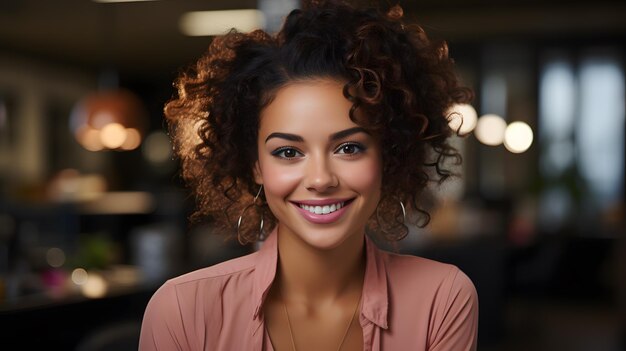 femme souriante aux cheveux bouclés et une chemise rose dans une pièce IA générative