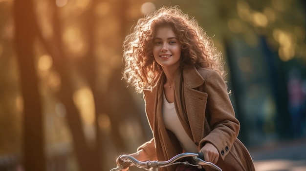 Une femme souriante aux cheveux bouclés dans un manteau fait du vélo dans un parc ensoleillé.