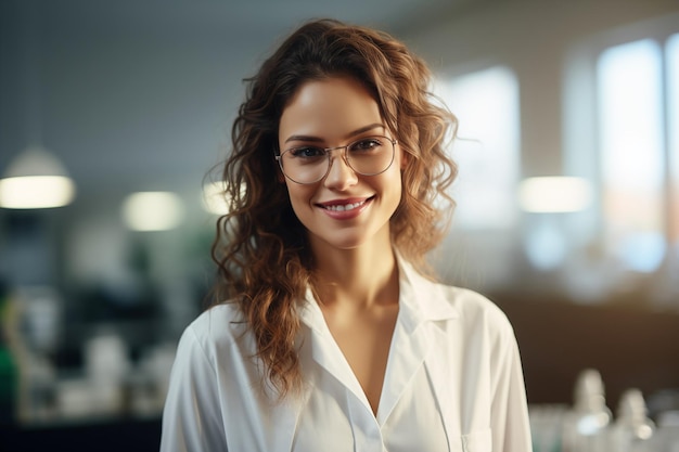 Une femme souriante en blouse de laboratoire