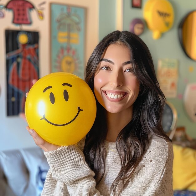 Une femme souriante avec une boule souriante