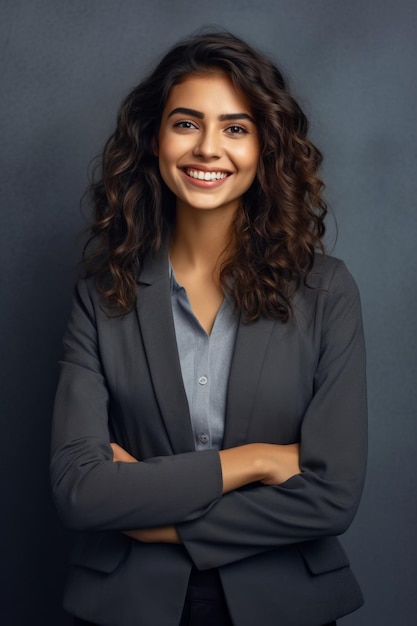 Femme souriante avec les bras croisés devant un fond sombre avec les bras croisés IA générative