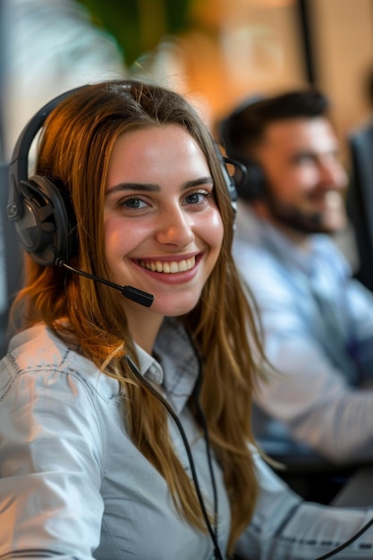 Une femme souriante avec un casque qui travaille à l'ordinateur