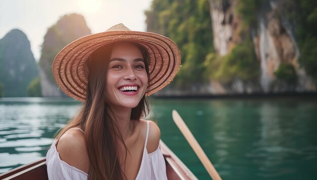 Une femme souriante avec un chapeau sur un bateau Le concept de vacances et de voyage