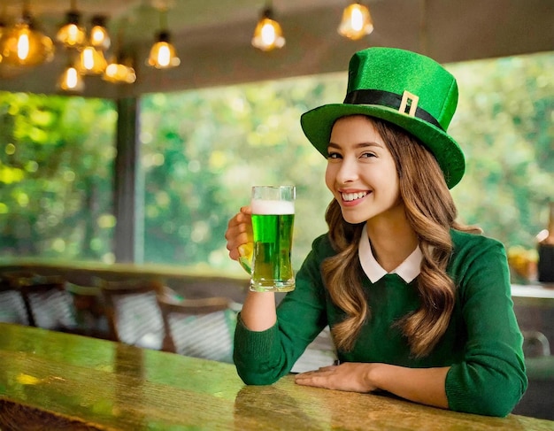 Une femme souriante avec un chapeau célèbre le jour de Saint-Patrick au bar avec un verre.