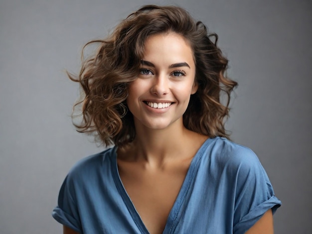 Une femme souriante en chemise bleue posant dans un studio