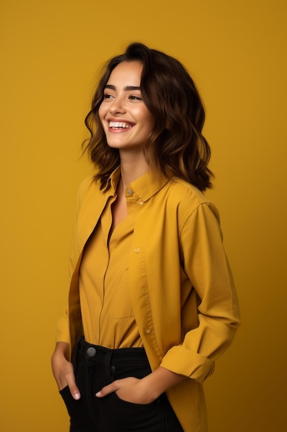 Femme Souriante En Chemise Jaune Et Pantalon Noir Posant Pour Une Photo